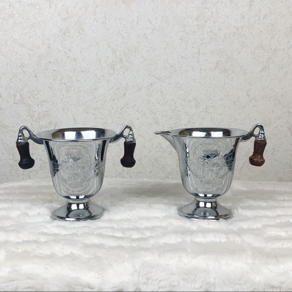 Vintage Faberware silver sugar bowl and creamer wood handles